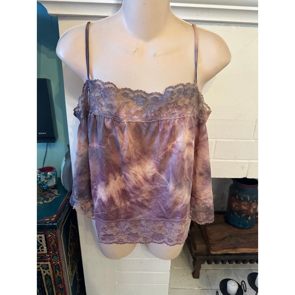 VINTAGE 90's FLOWY SWING TRAPEZE STYE PURPLE & BLUE TIE DYE LACE TRIM CAMISOLE
